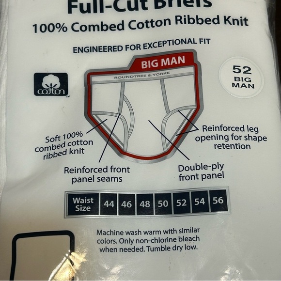 Roundtree & Yorke Big Man 3-Pairs White Full Cut Briefs Underwear Size 54 New - Picture 3 of 5